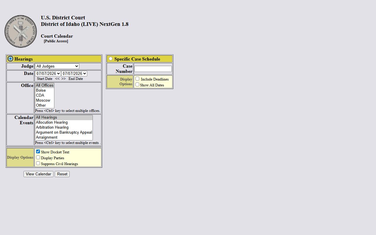 Gooding County court dockets District of Idaho public calendar source