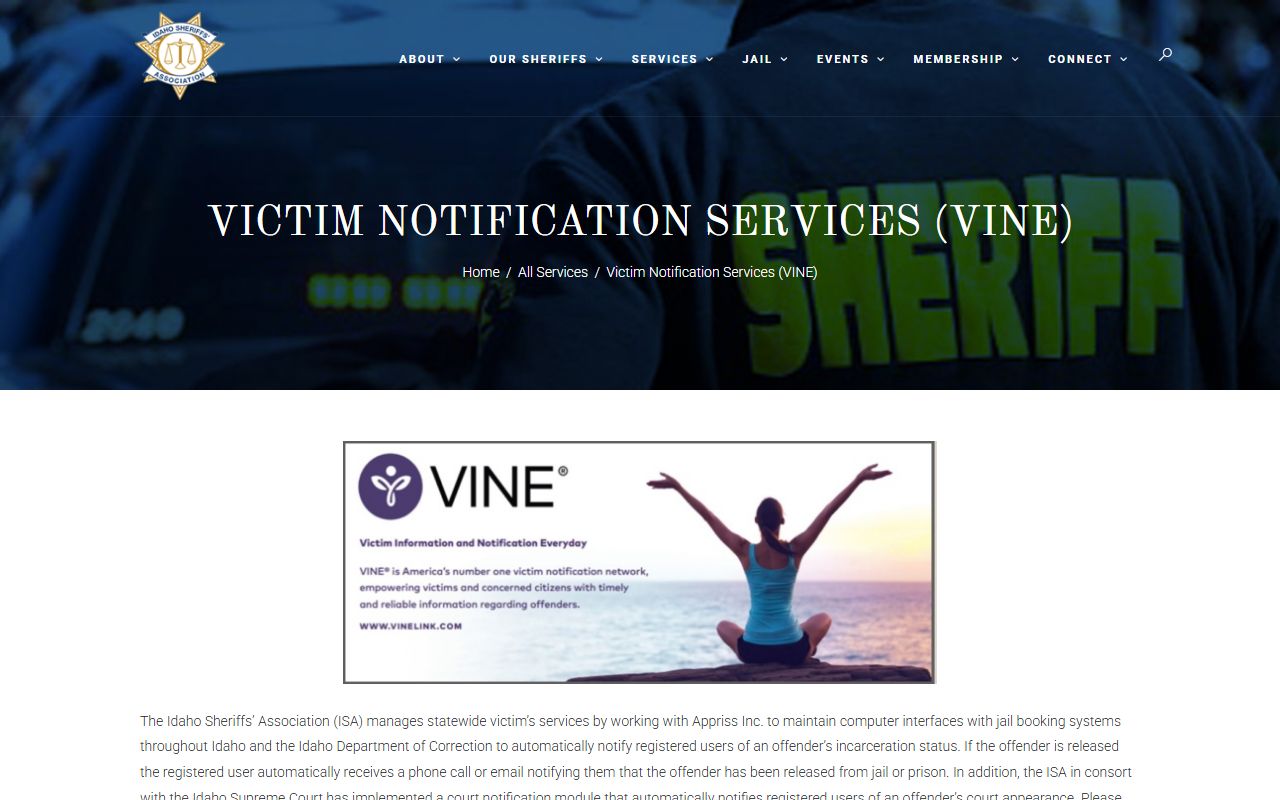 Gooding County inmate records Idaho Sheriffs Association VINE notification source