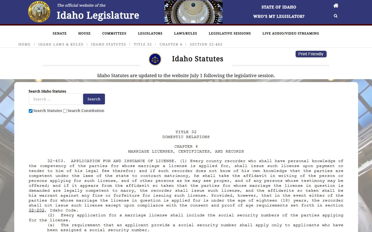 Gooding County marriage records Idaho Code 32-403 license issuance