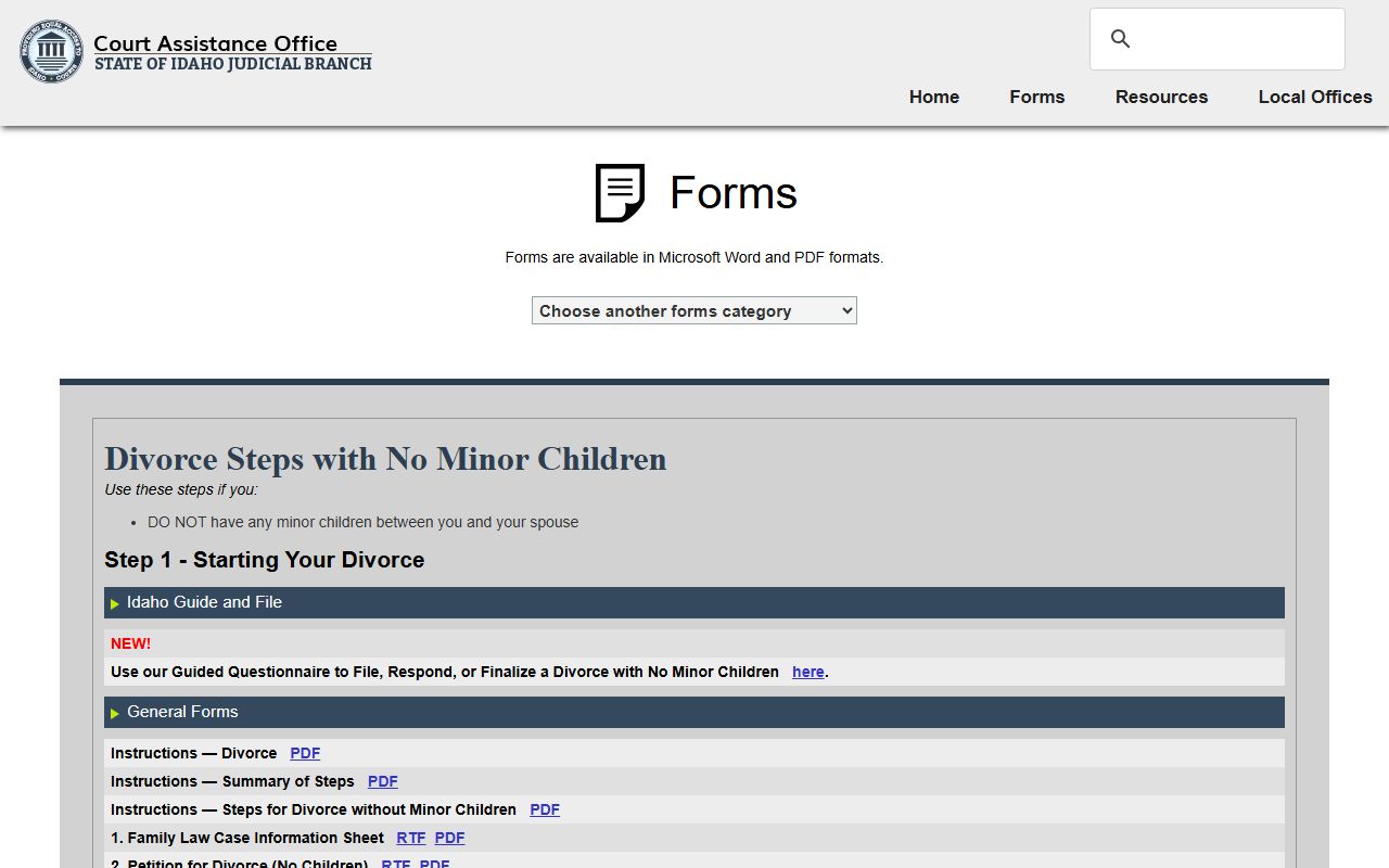 Gooding County divorce records Idaho Court Assistance divorce forms