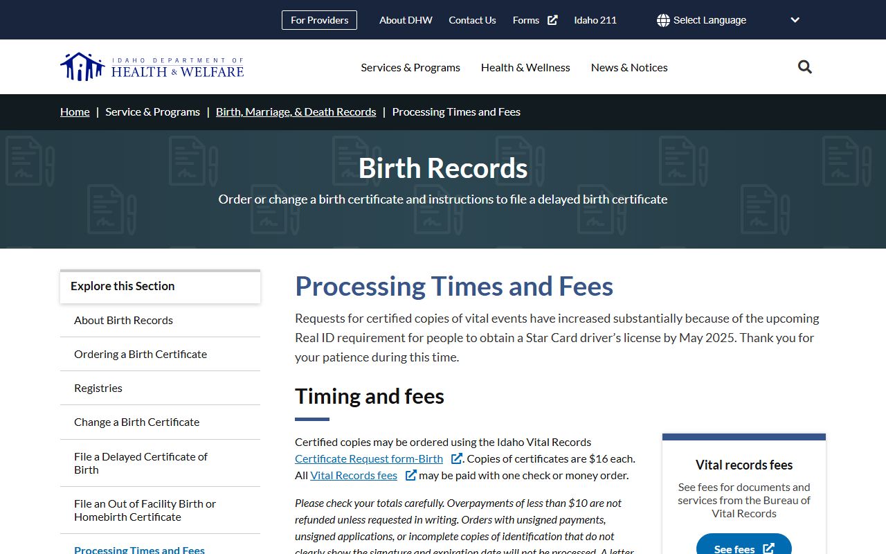 Gooding County marriage divorce certificate DHW fees and processing times