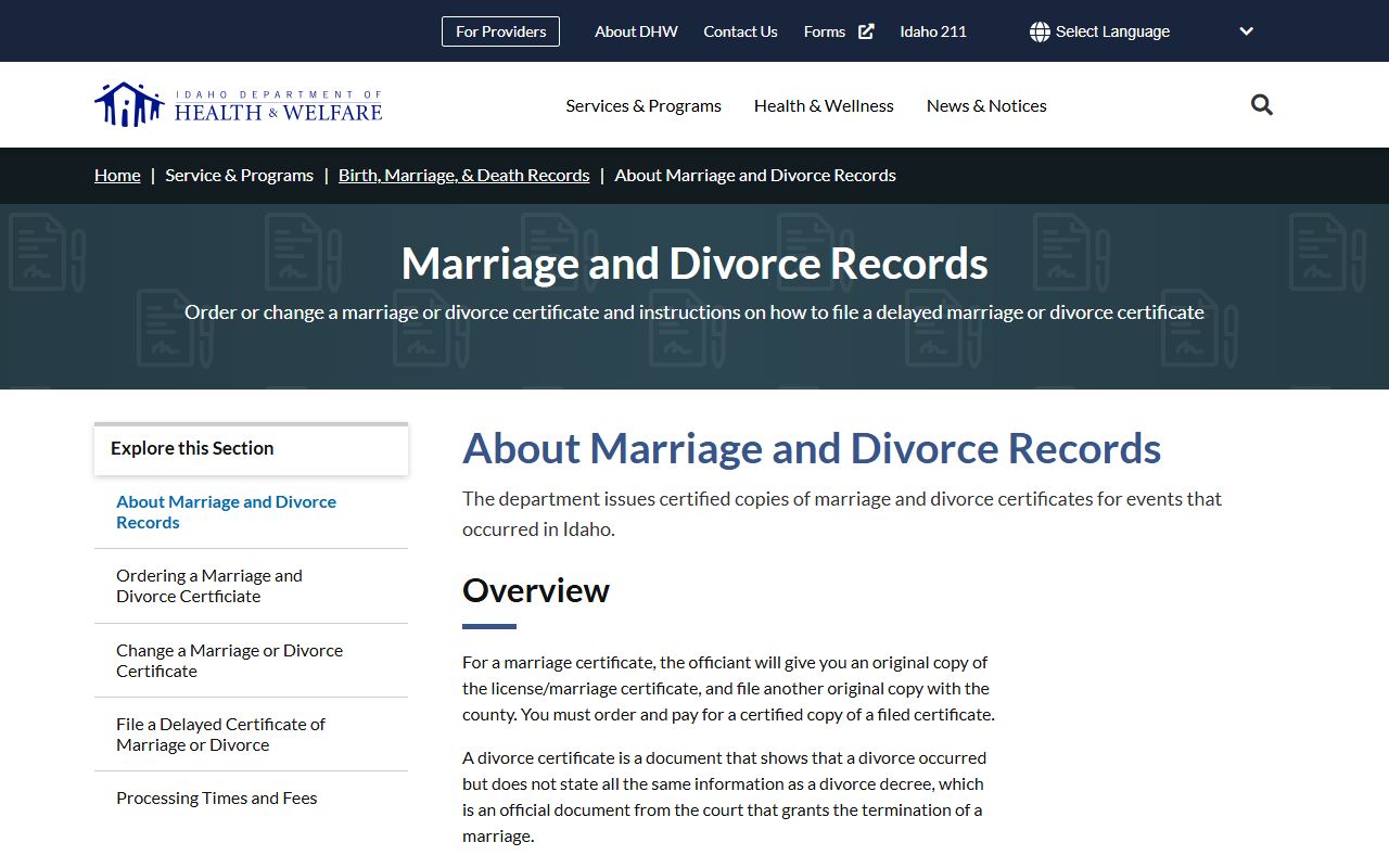 Gooding County marriage and divorce records DHW certificate overview