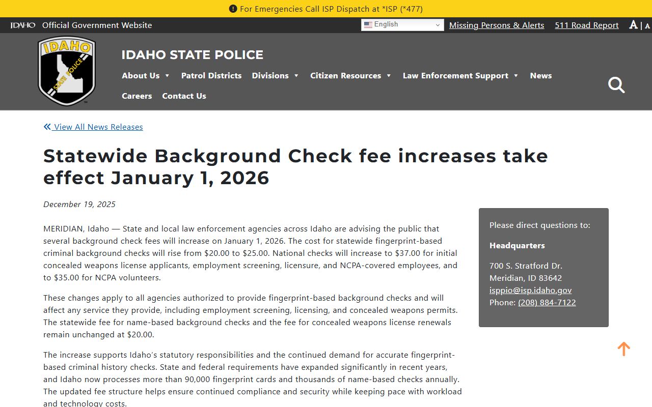 Gooding County traffic records Idaho statewide background check fee update