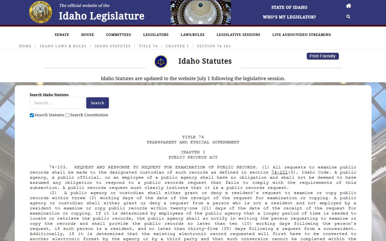 Gooding County warrant records Idaho Code 74-103 request response source