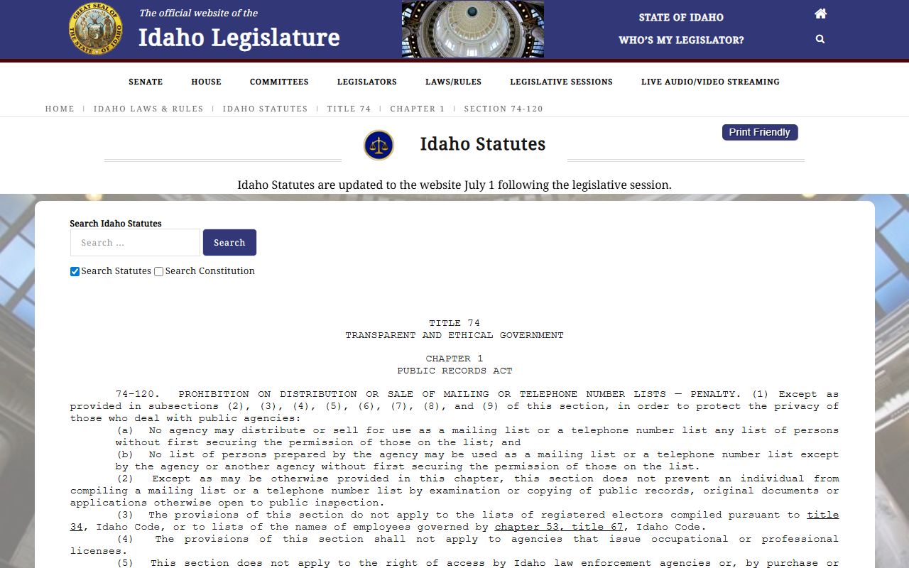 Gooding County warrant records Idaho Code 74-120 mailing list restriction