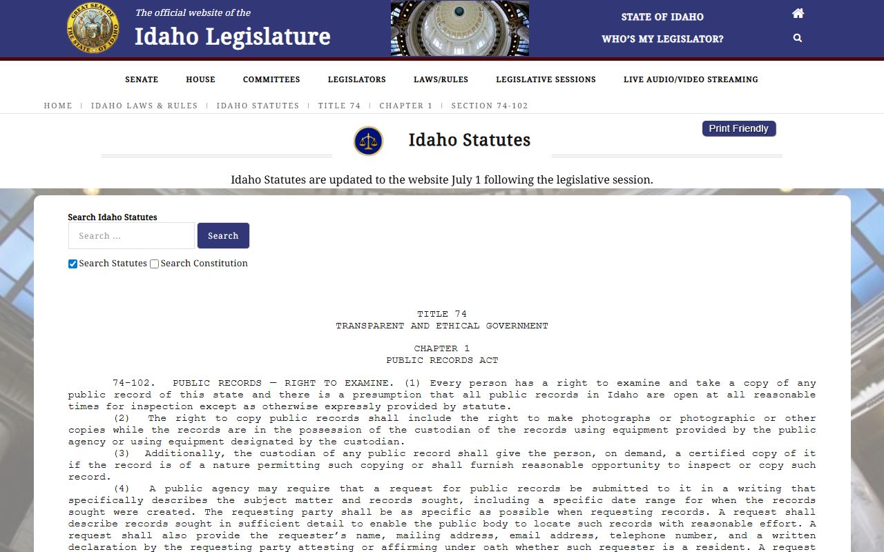 Gooding County warrant records Idaho Code 74-102 access source